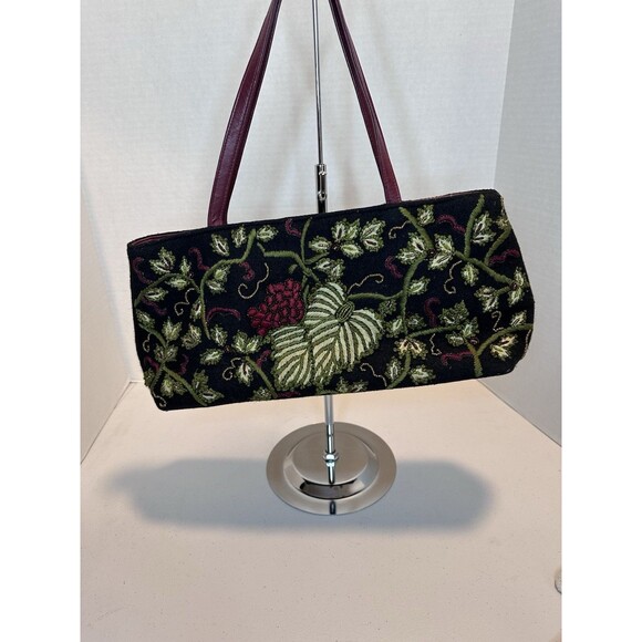 Carolee Vintage Embroidered Black Wool Hand Bag Purse, Acorn Motif With Beads - Picture 1 of 12